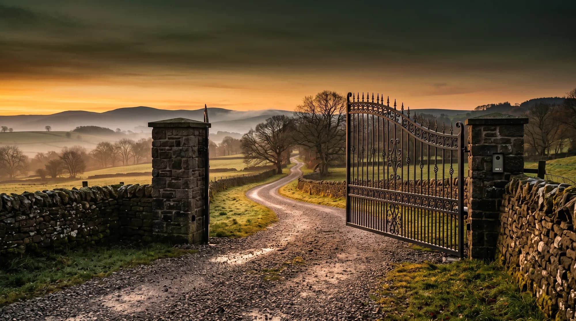 Imposing automated wrought-iron estate gate open across a gravel driveway in the Lancashire countryside at dusk