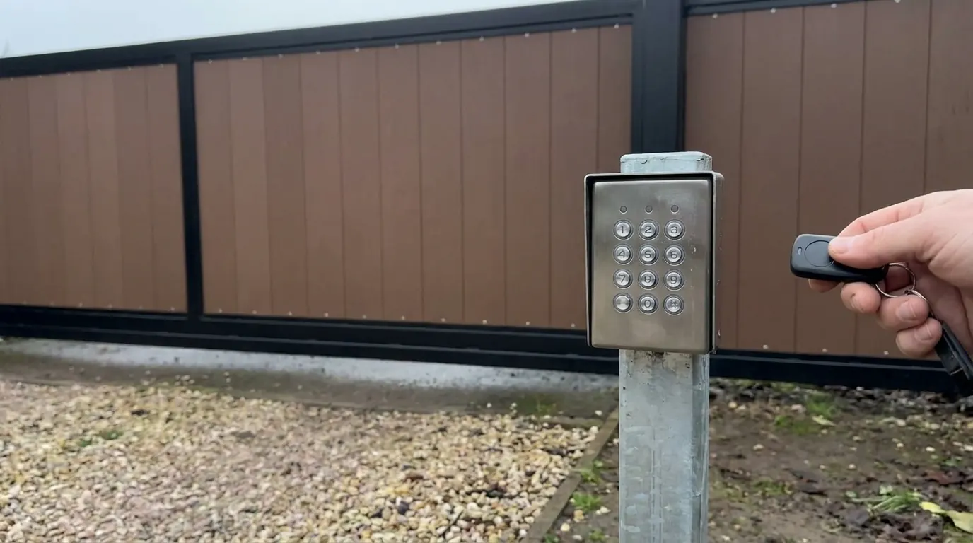 A weatherproof keypad mounted on a post beside a driveway gate, with a key fob held up in front of it