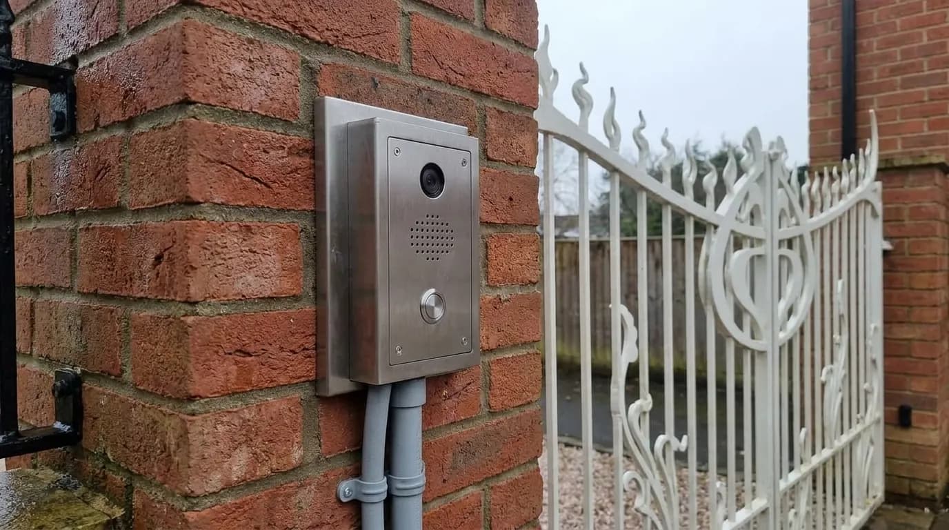 A weatherproof intercom panel with a call button and camera lens mounted on a red brick pillar beside a closed driveway gate