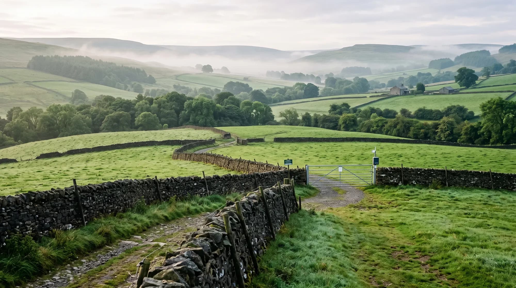 Rolling countryside with dry-stone walls and a distant automated farm gate, Barrow-in-Furness