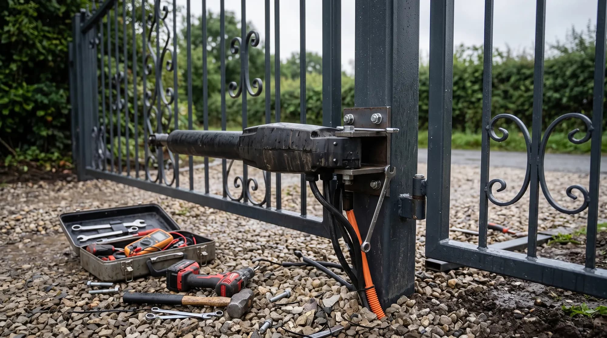 Automated ram motor being fitted to a wrought-iron gate post on a Lancashire driveway