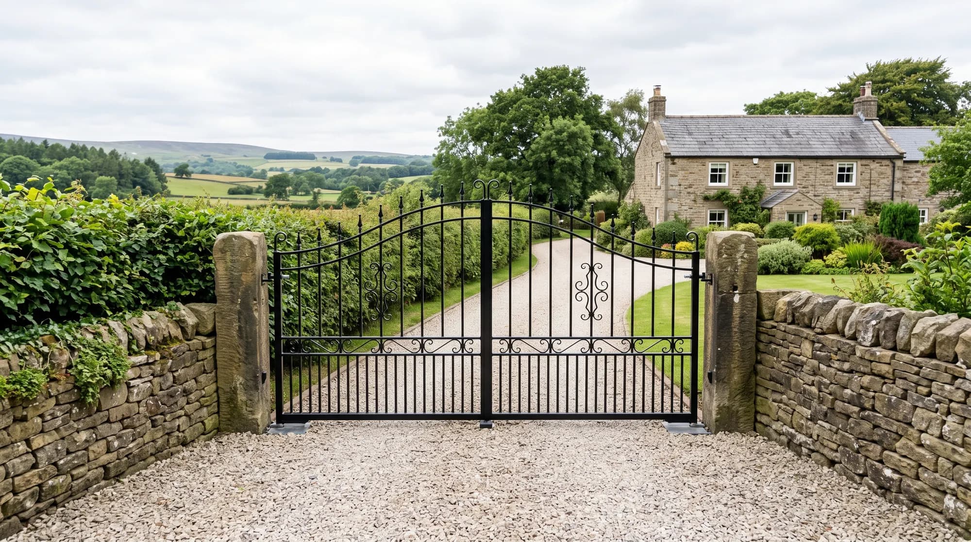 A newly installed steel driveway gate hung between stone gate posts on a Lancashire farmhouse driveway