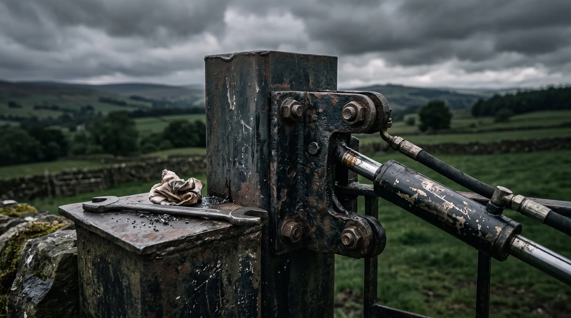 Close-up of a wrought-iron gate hinge and ram being repaired, Windermere