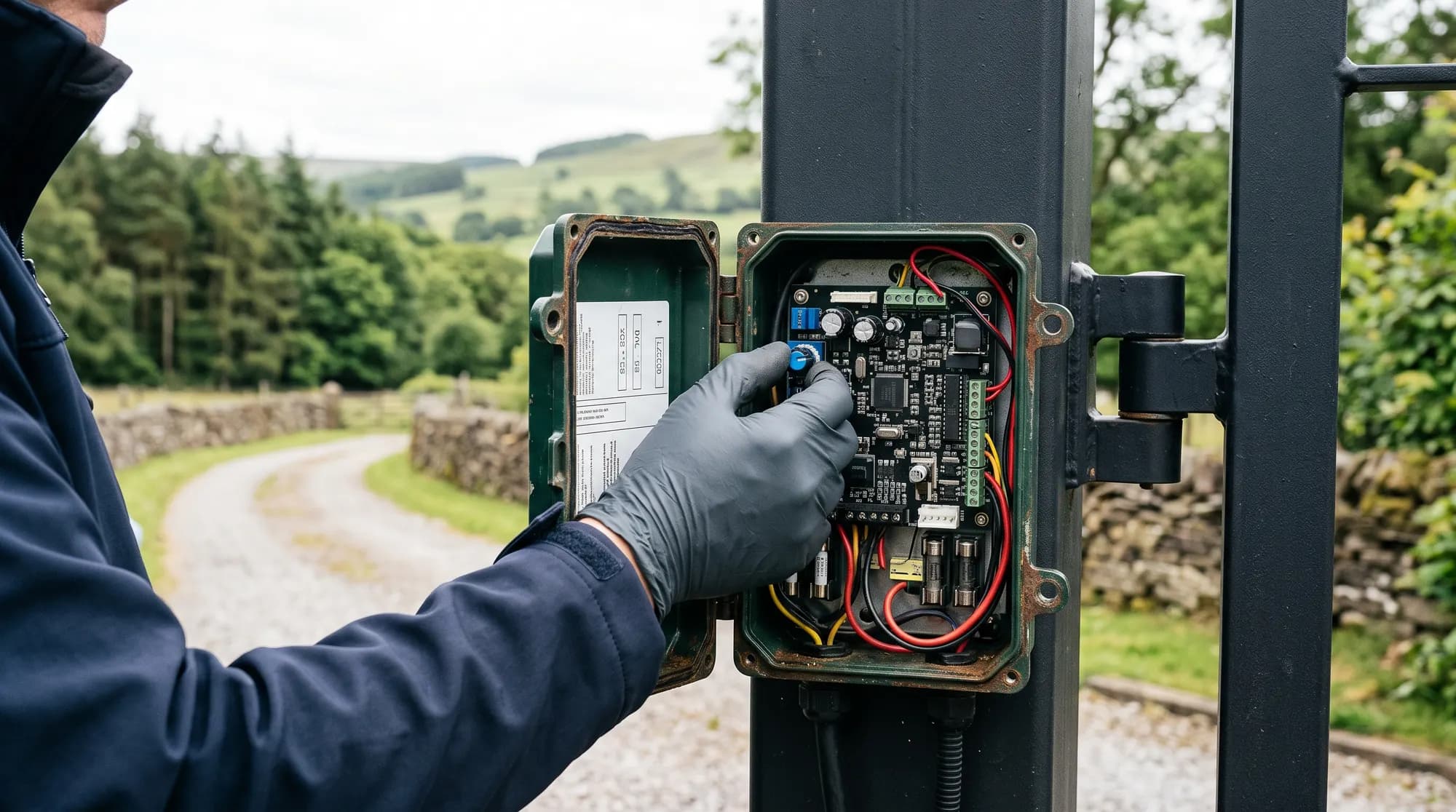 Technician adjusting an automated gate control board mounted on a steel gate post, Ambleside