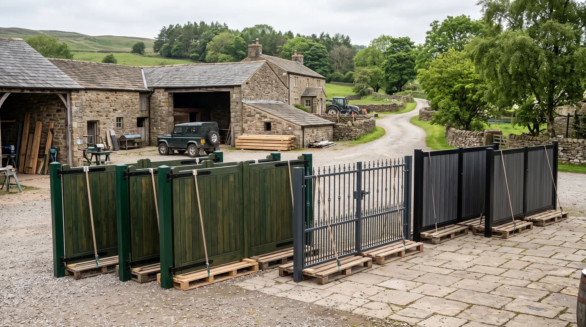 A row of timber, steel and composite gates stood ready for supply in a Lancashire farm yard