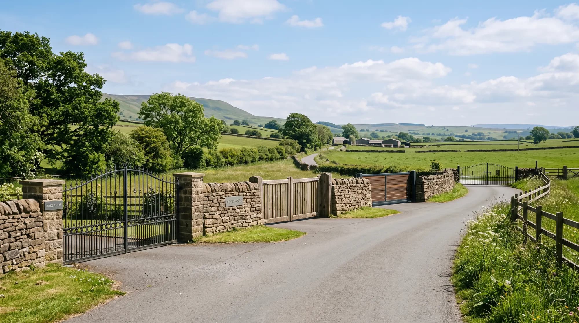 Several different automated driveway gates along a Lancashire country lane