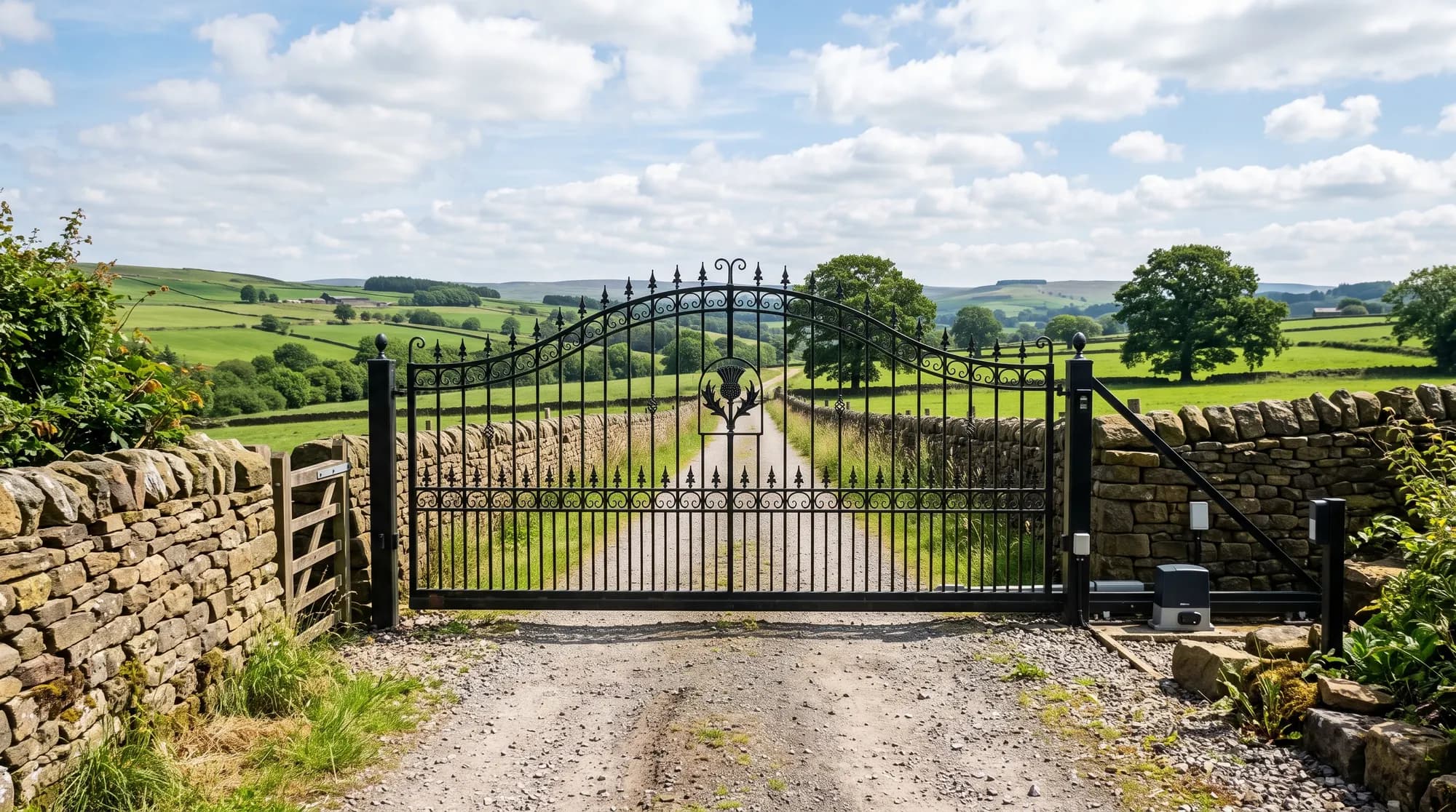 An automated wrought-iron gate closed across a gravel farm entrance under a bright sky, Clitheroe